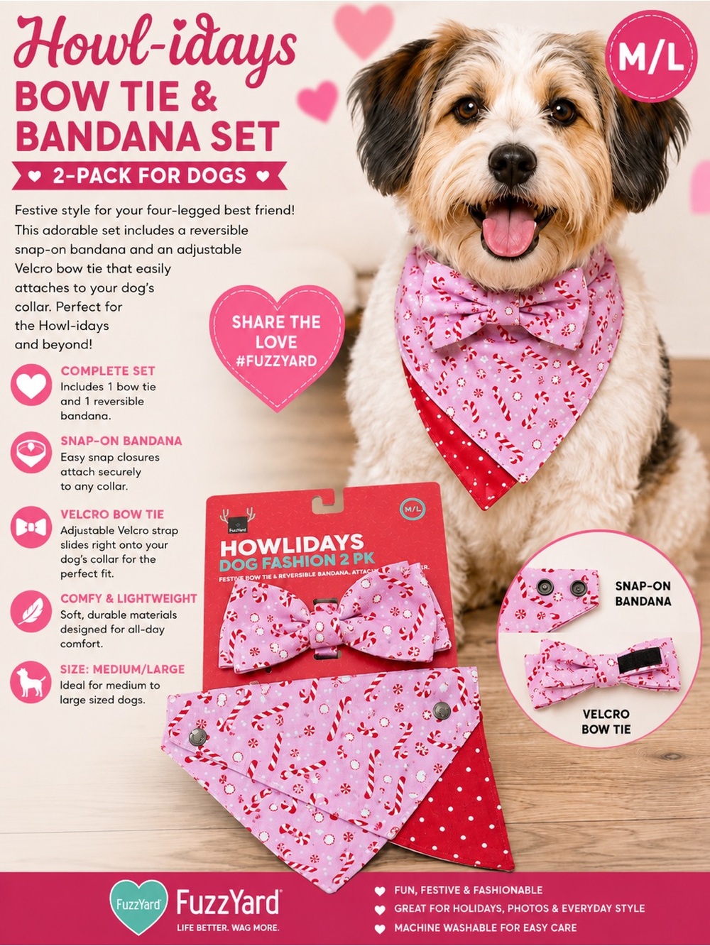 FuzzYard Howl-idays Pink Bow Tie & Bandana Set for Dogs